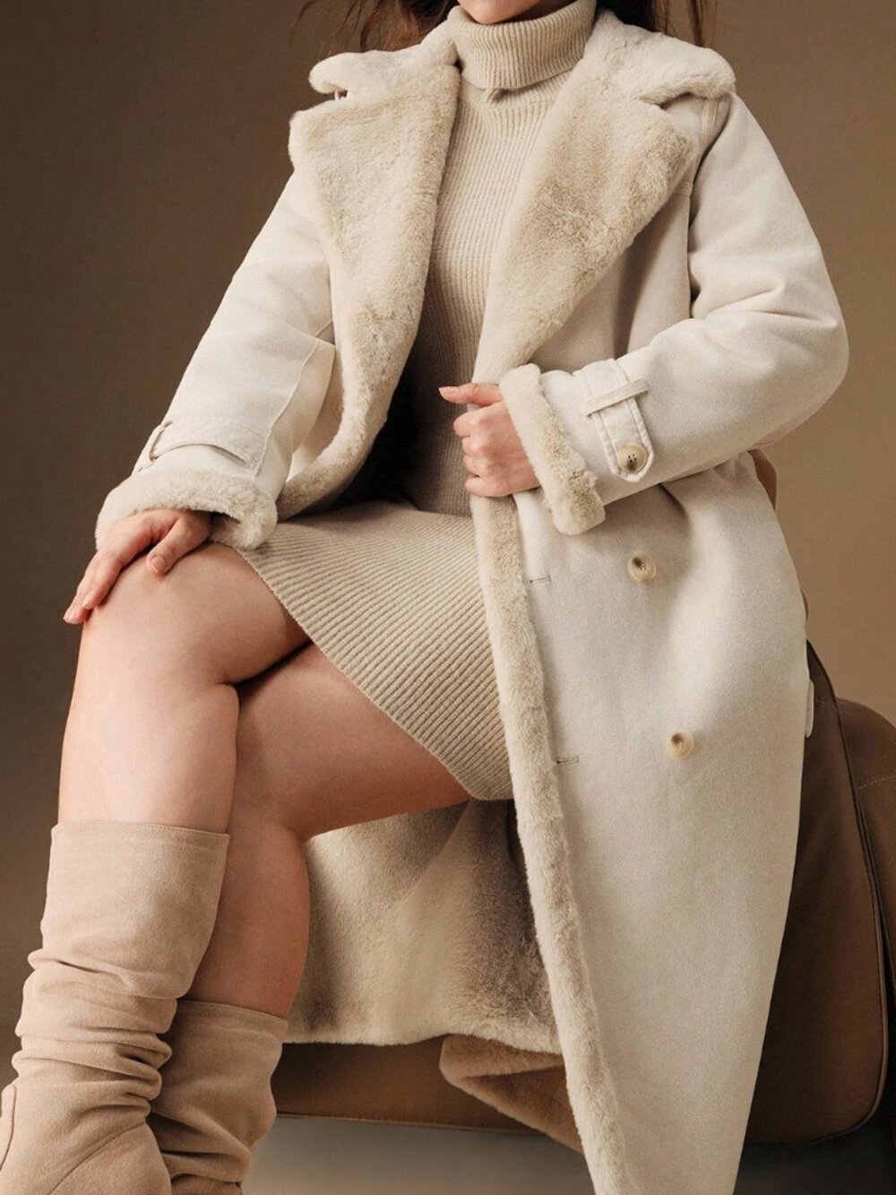 Beige Casual Women's Loose Fit Midi Lapel Double Button Faux Fur Coat